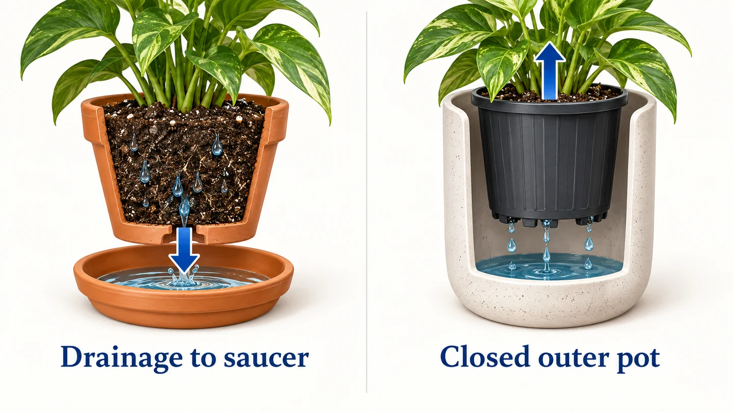 A planting pot and a closed outer pot manage drainage differently