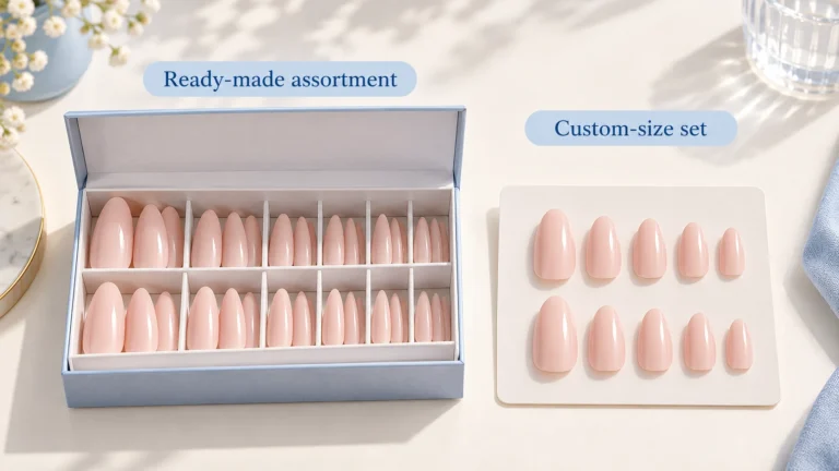 Illustrative ready-made assortment beside a custom-size card of ten press-on nail tips.