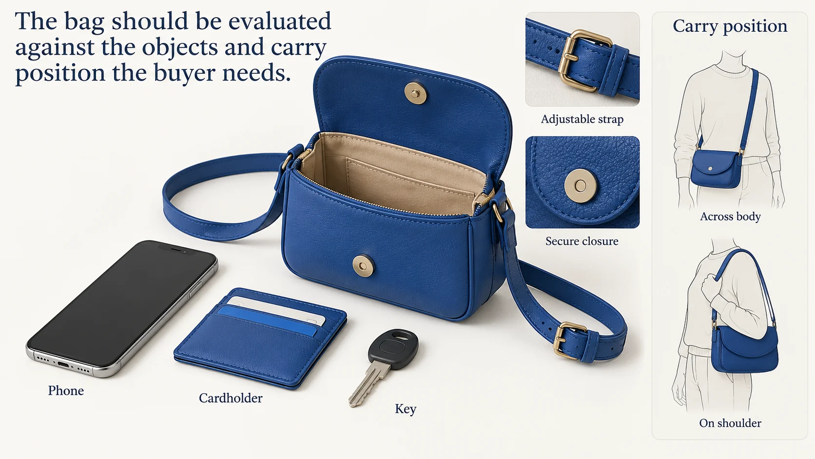 The bag should be evaluated against the objects and carry position the buyer needs