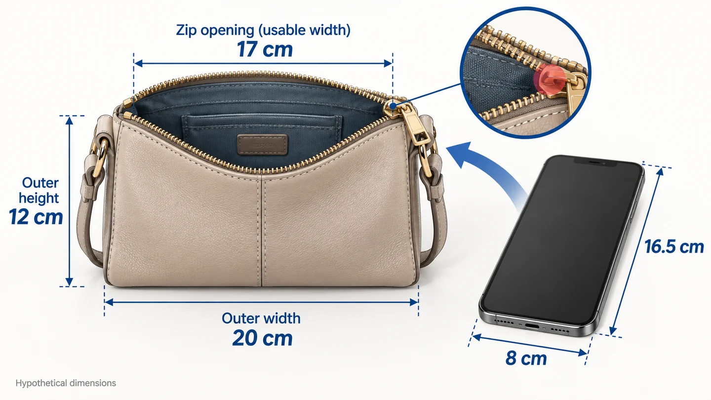Outer bag size can exceed the usable opening for a phone