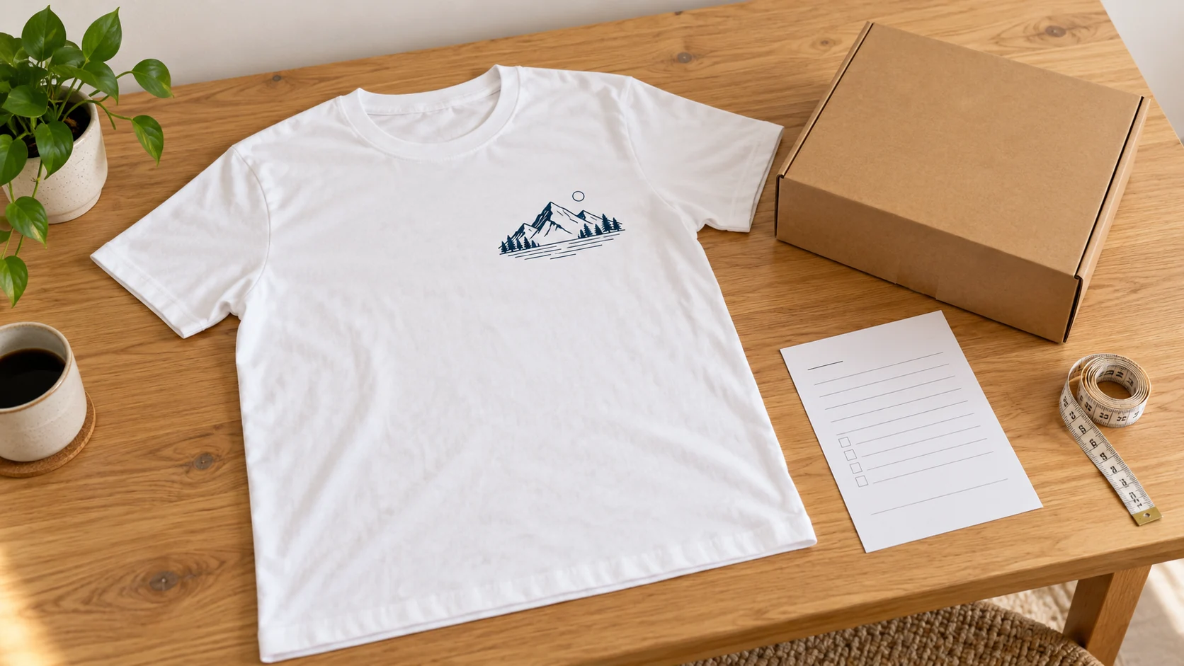 Conceptual printed shirt, parcel and order record on a worktable