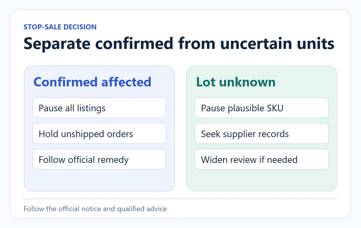 Conceptual diagram: Separate confirmed from uncertain units. Follow the official notice and qualified advice.