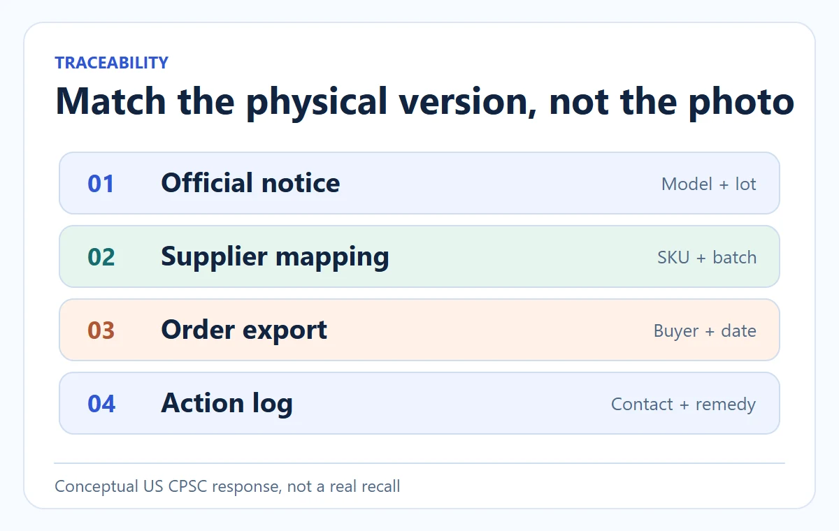 Conceptual diagram: Match the physical version, not the photo. Conceptual US CPSC response, not a real recall.