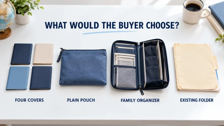 Illustrative buyer alternatives:four booklet covers,a plain zip pouch,a family organizer and an existing folder.