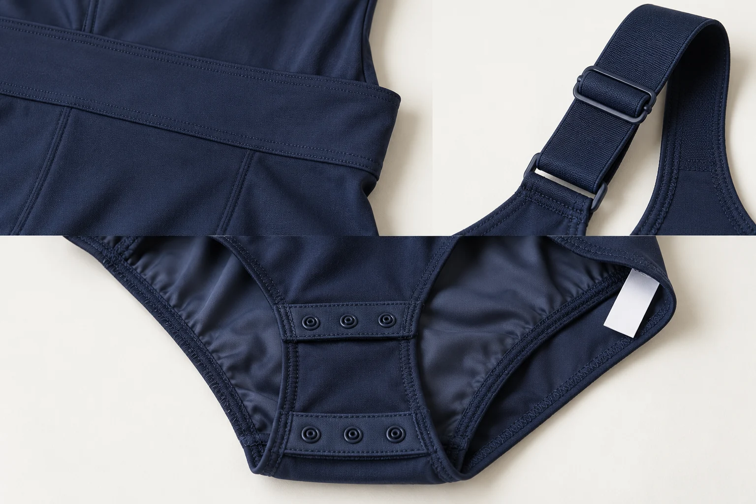 Illustrative close views of waistband seam, adjustable strap and snap-gusset construction.