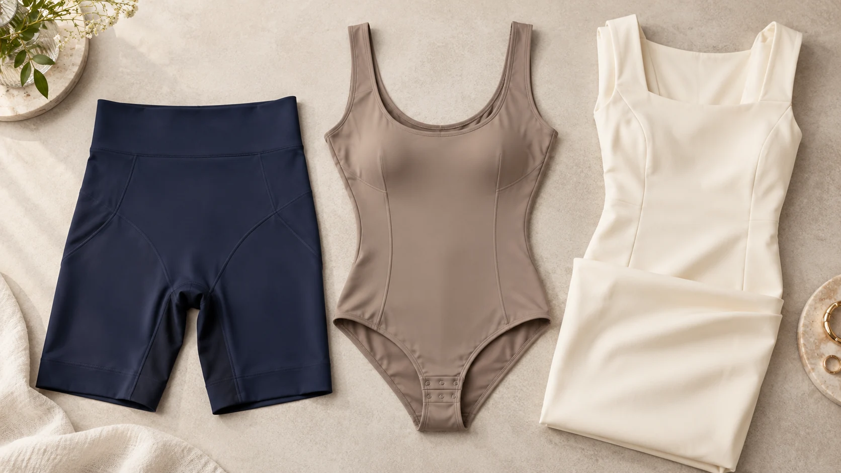 Illustrative shaping shorts and bodysuit laid flat beside a folded dress.