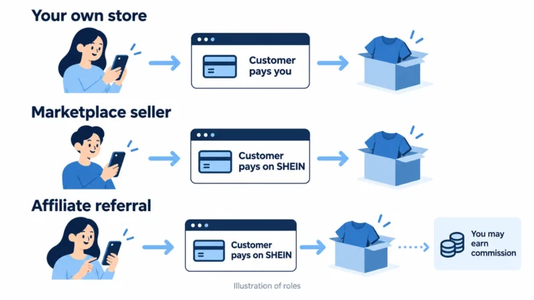 Illustration comparing checkout ownership for an owned store, Marketplace seller and affiliate.