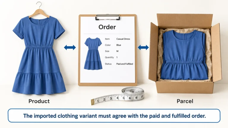 The imported clothing variant must agree with the paid and fulfilled order