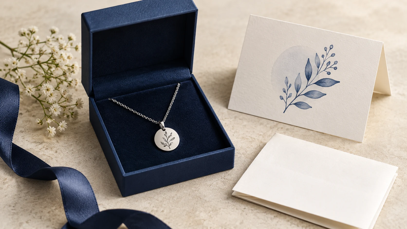 Conceptual pendant gift with its separate message card and box