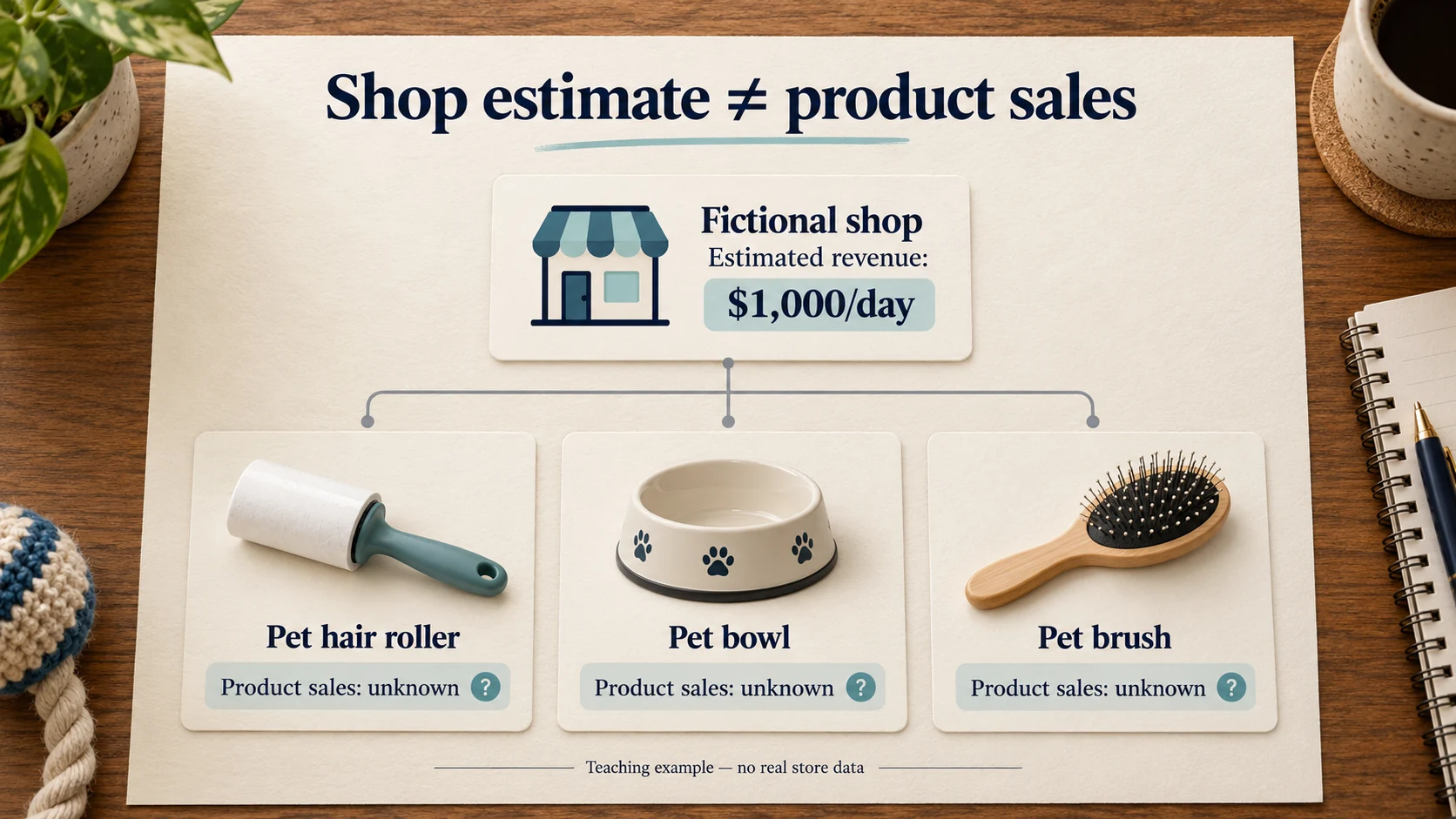 Fictional shop has a hypothetical $1,000 daily revenue estimate, while sales of its roller, bowl and brush remain individually unknown.