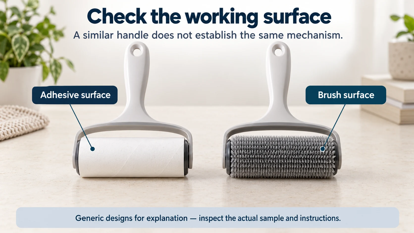 Two generic handheld tools have similar handles but an adhesive surface and a brush surface, illustrating different mechanisms.