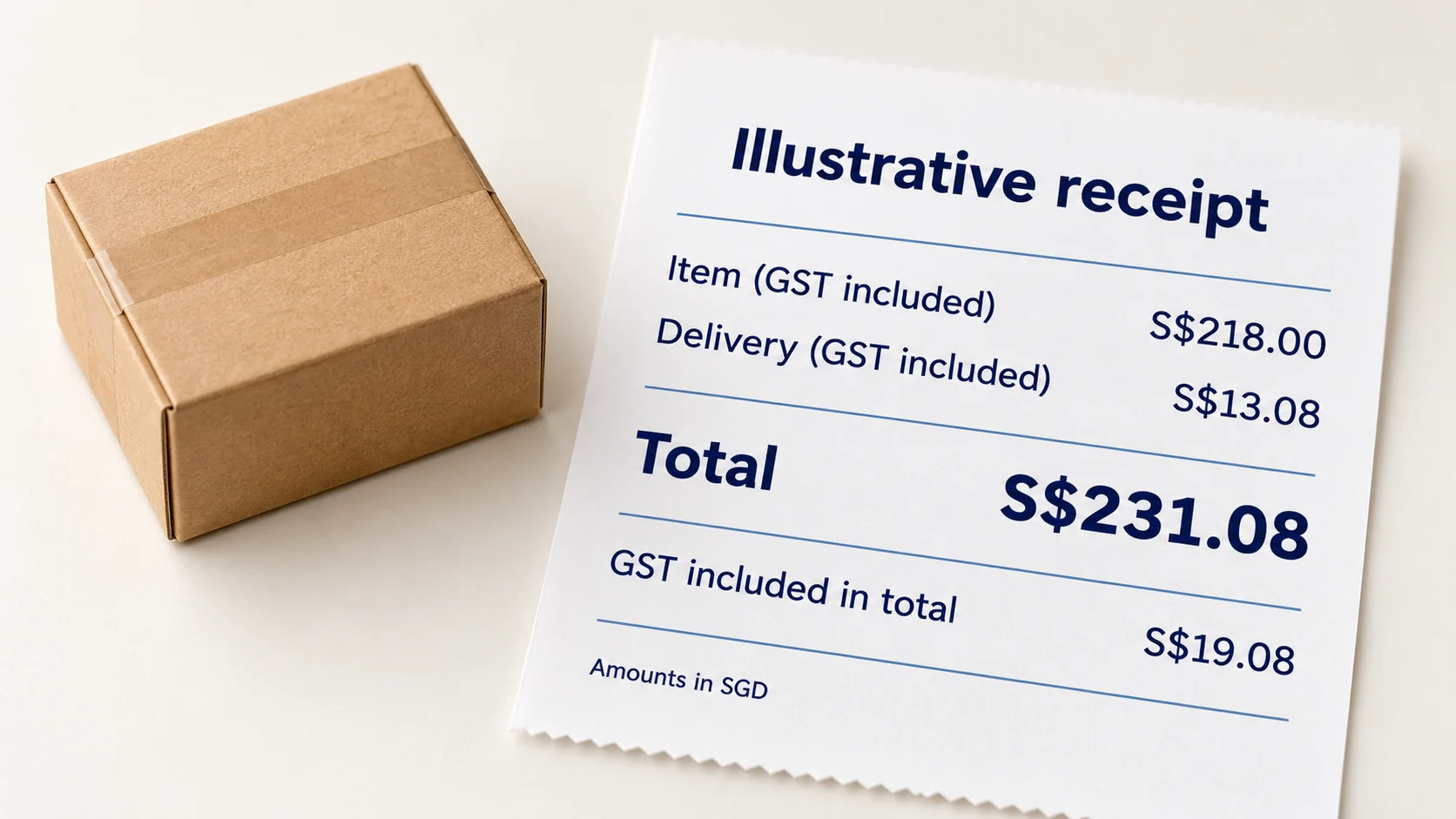 Illustrative GST-inclusive receipt: item S$218, delivery S$13.08, total S$231.08, including GST of S$19.08.