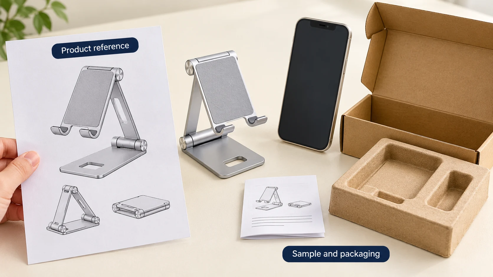Illustration comparing a foldable phone stand with its product reference, instruction leaflet and protective packing.