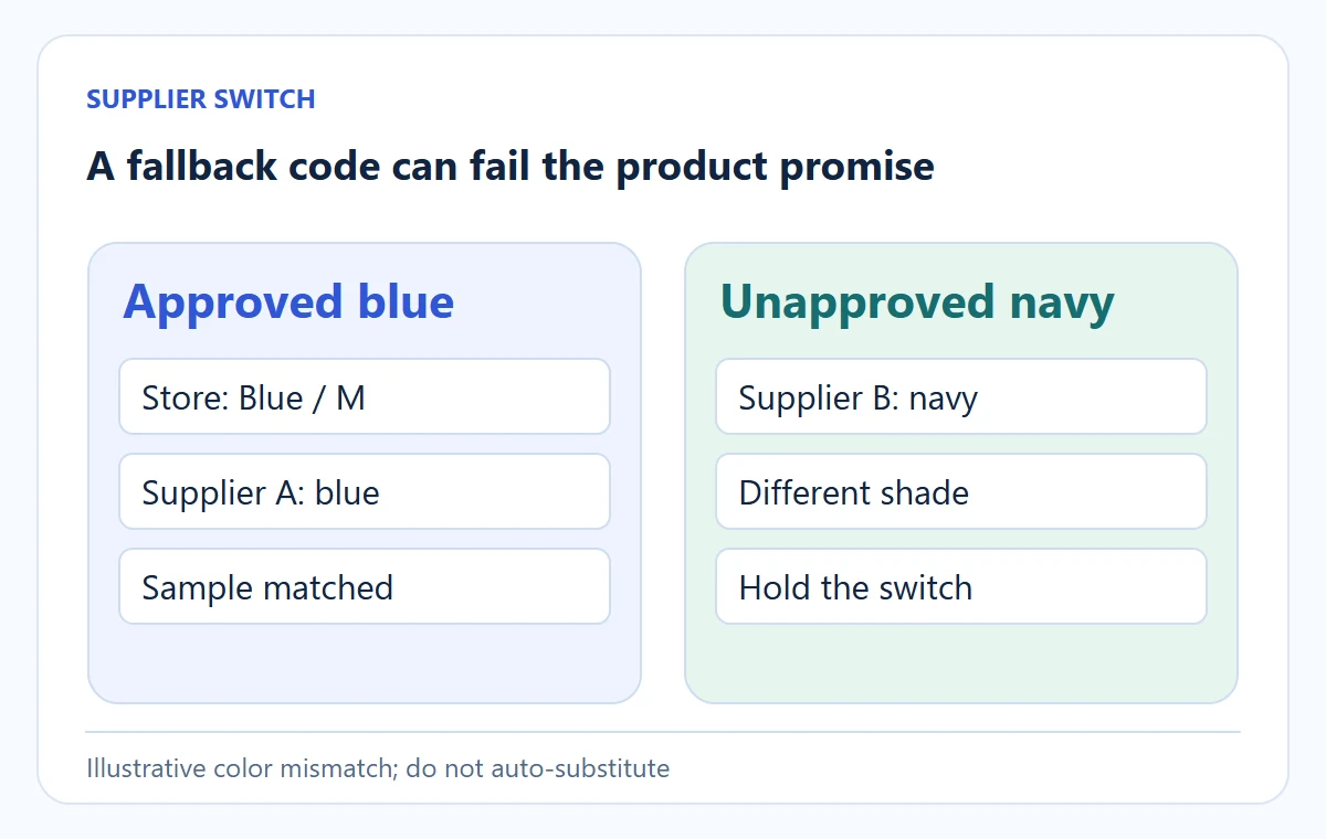 Conceptual diagram: A fallback code can fail the product promise. Illustrative color mismatch; do not auto-substitute.
