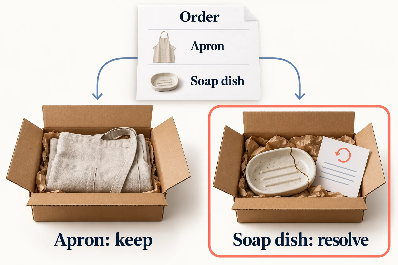 Illustrative two-item order separates an intact apron from a cracked soap dish that needs resolution