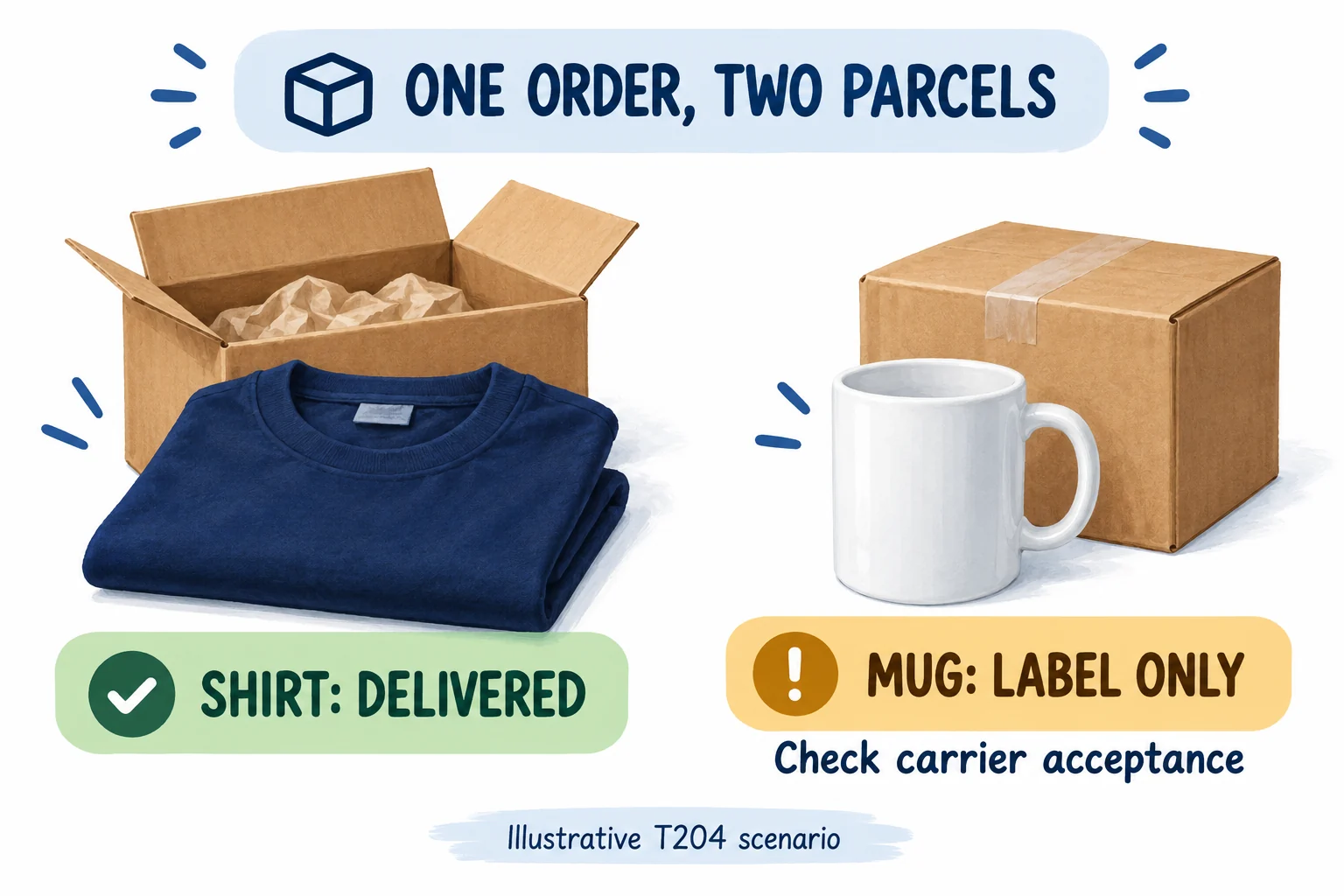 Conceptual two-parcel order showing a delivered shirt separately from a mug with label-only status and an instruction to check carrier acceptance.