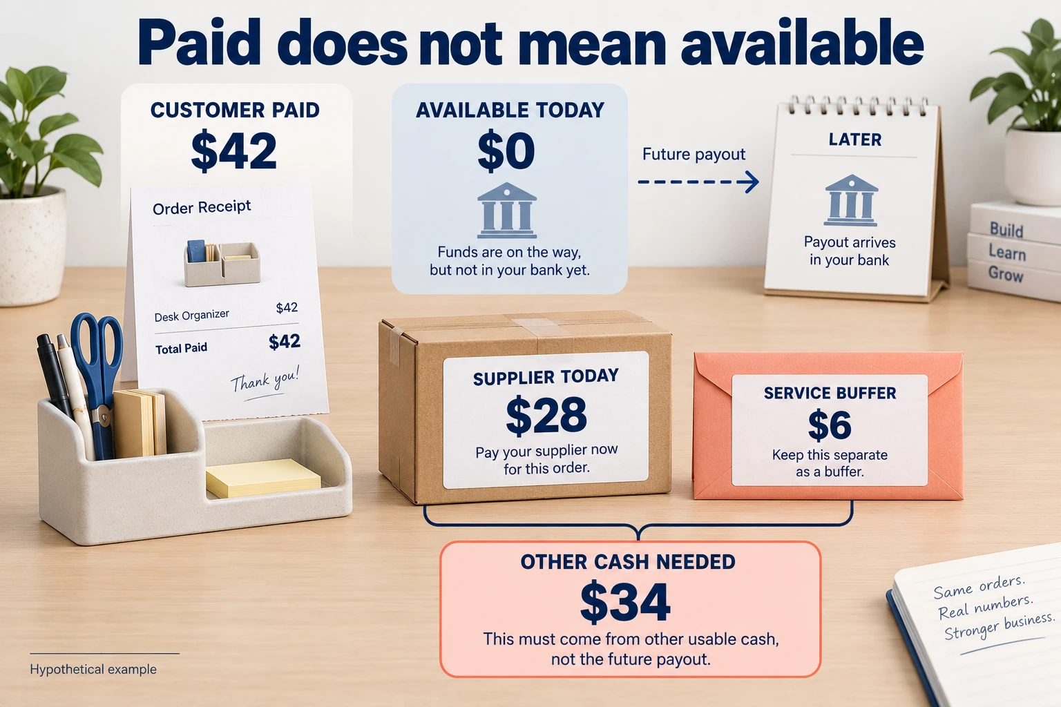 Hypothetical organizer order: $42 paid but $0 usable bank cash today; $28 for the supplier and a separate $6 buffer need $34 from other cash.