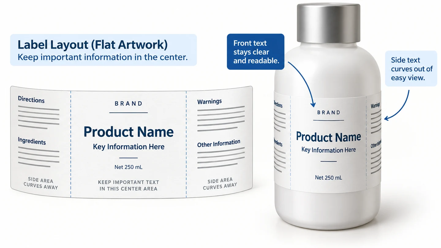 A flat label design must remain readable on a curved physical bottle