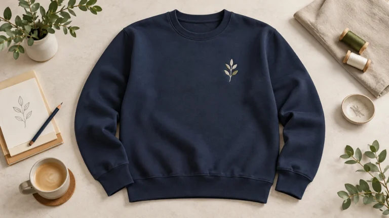 An adult navy crewneck sweatshirt laid flat on a light neutral studio surface, with one small simple stitched geometric botanical chest motif. Show neckline and rib cuffs, no hood, no pocket, no branded garment or readab