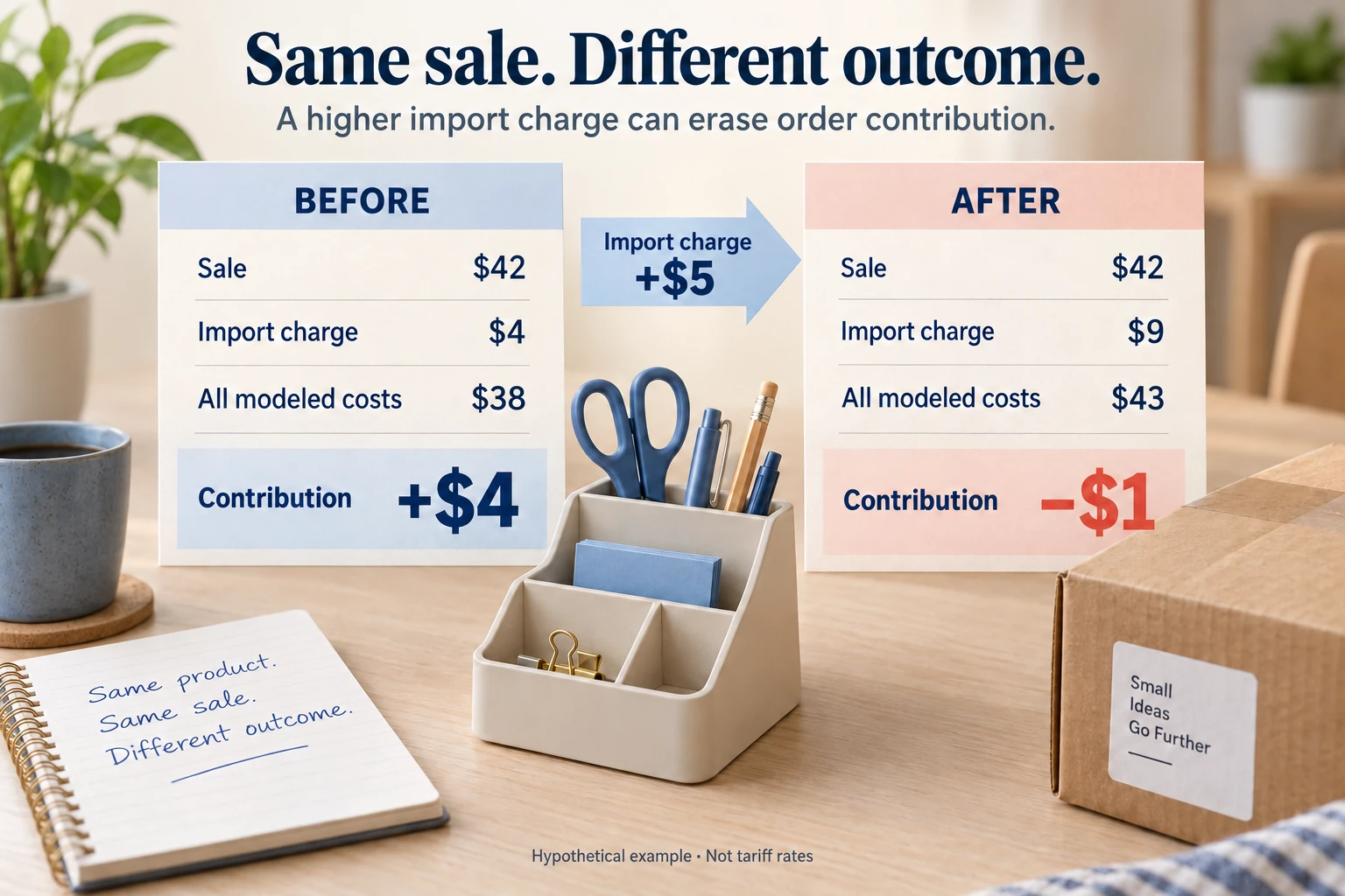 Hypothetical comparison: a $42 organizer sale contributes $4 with $38 modeled costs, then minus $1 with $43 modeled costs.