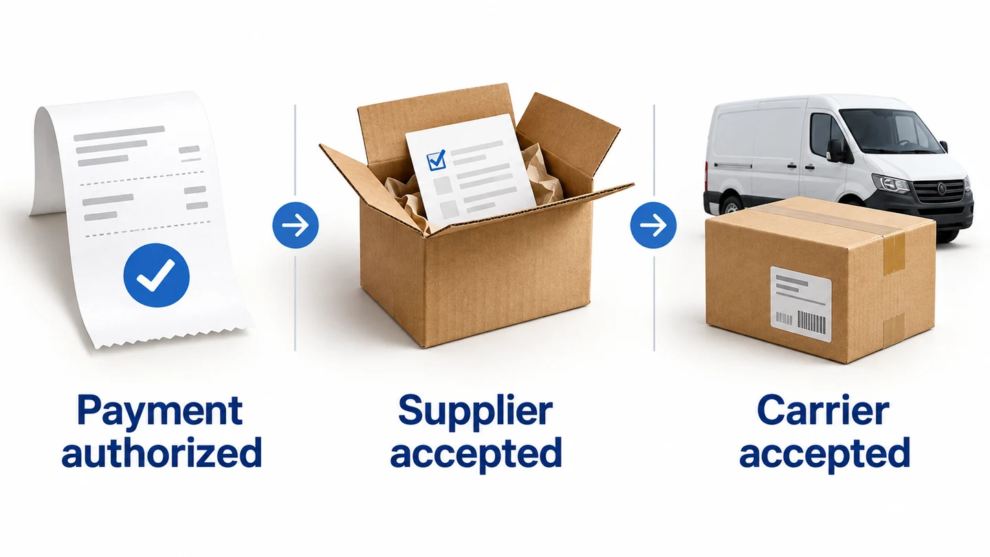 Payment authorization, supplier acceptance and carrier acceptance are distinct events