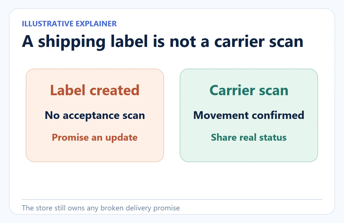Two status panels distinguish a created shipping label without acceptance scan from a real carrier movement event.