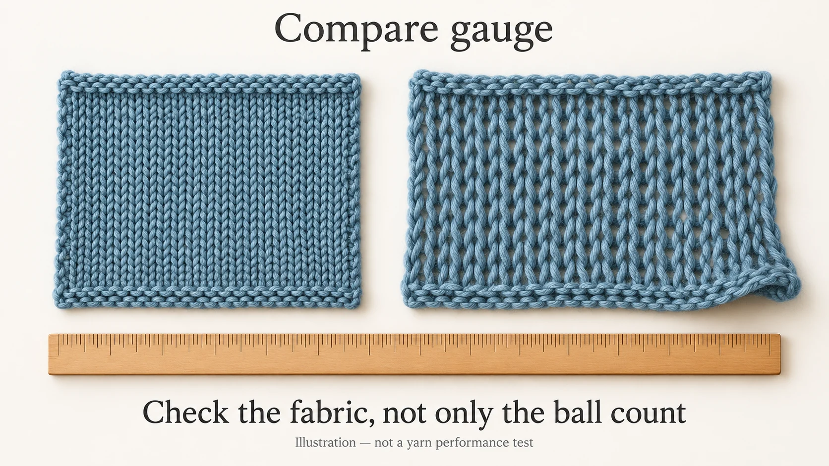 Illustrative knitted swatches show visibly different stitch size, density and drape.