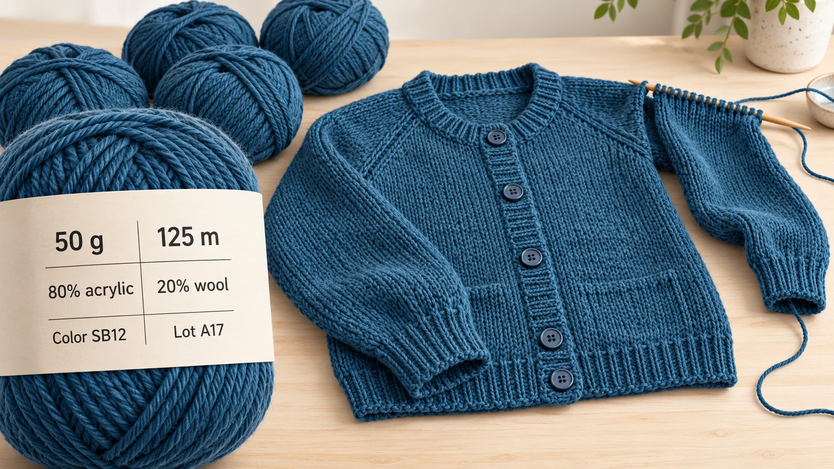 Illustrative sea-blue yarn and cardigan with separate mass, length, fiber, color and lot fields.